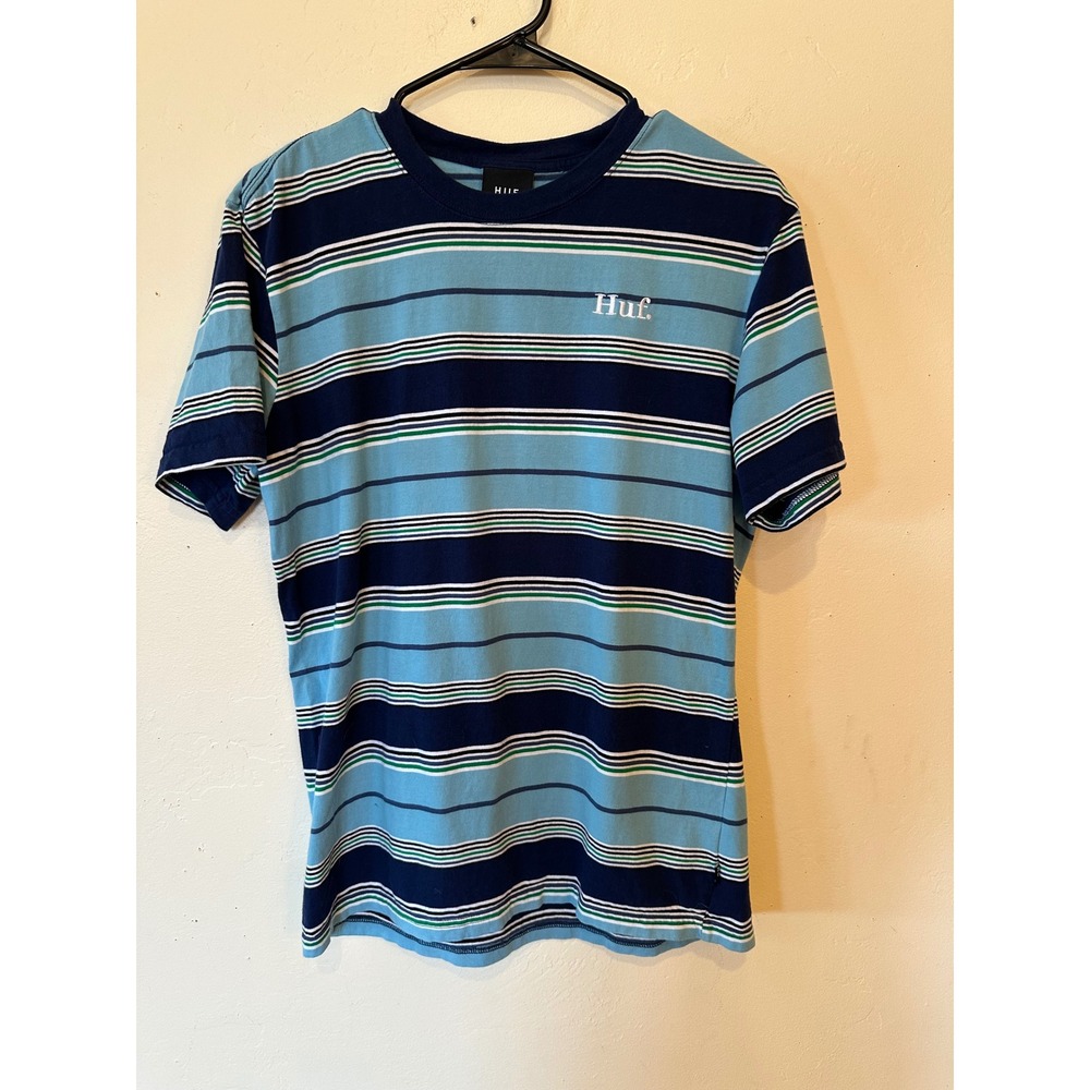 HUF Mens Striped Short Sleeve T-Shirt Blue Navy Green Cotton Logo Tee Size M